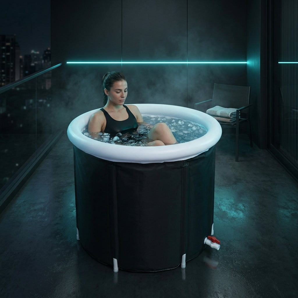 Bassin de bain froid portable installé dans un appartement pour un rituel du soir