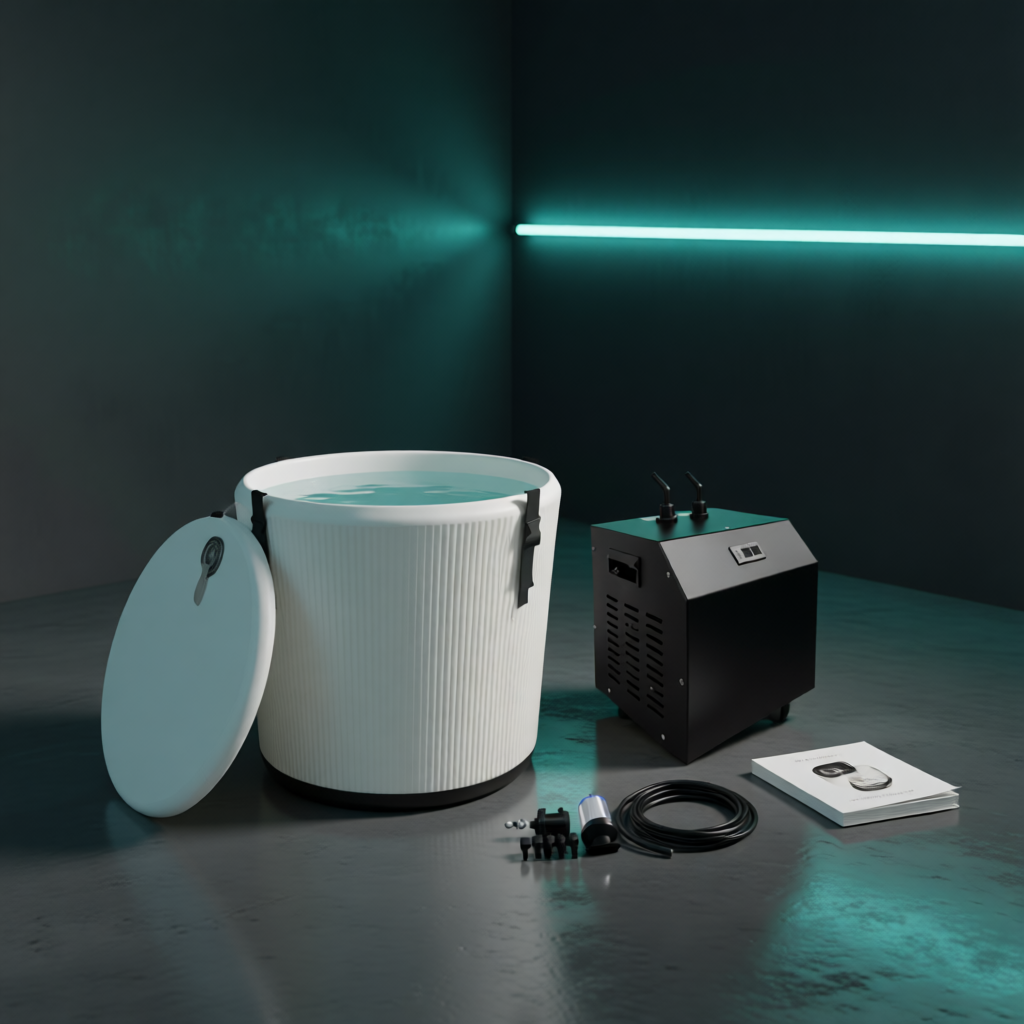 Contenu du kit bain froid Thermasuite : bassin, couvercle, refroidisseur, pompe, tuyaux et raccords