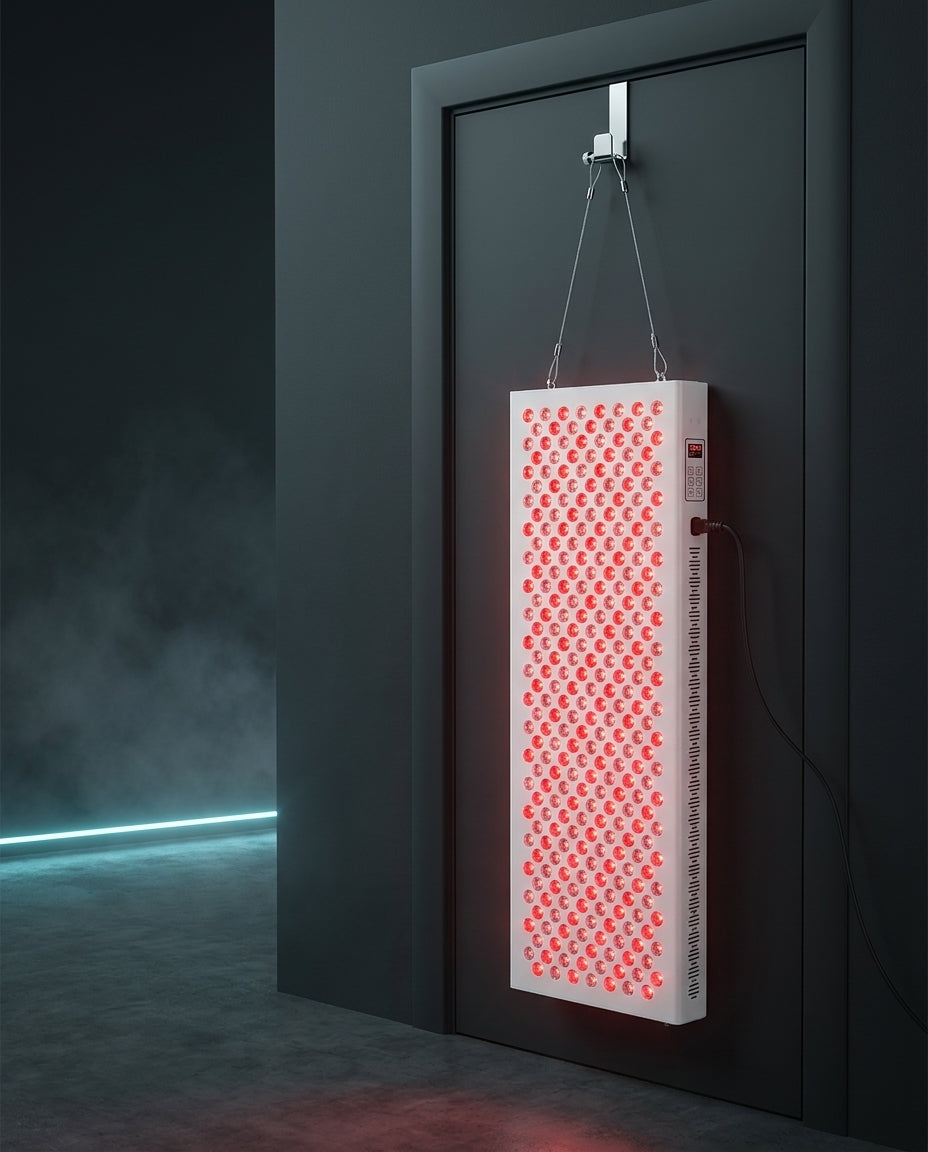 Panneau de luminothérapie rouge et proche infrarouge Thermasuite suspendu à une porte