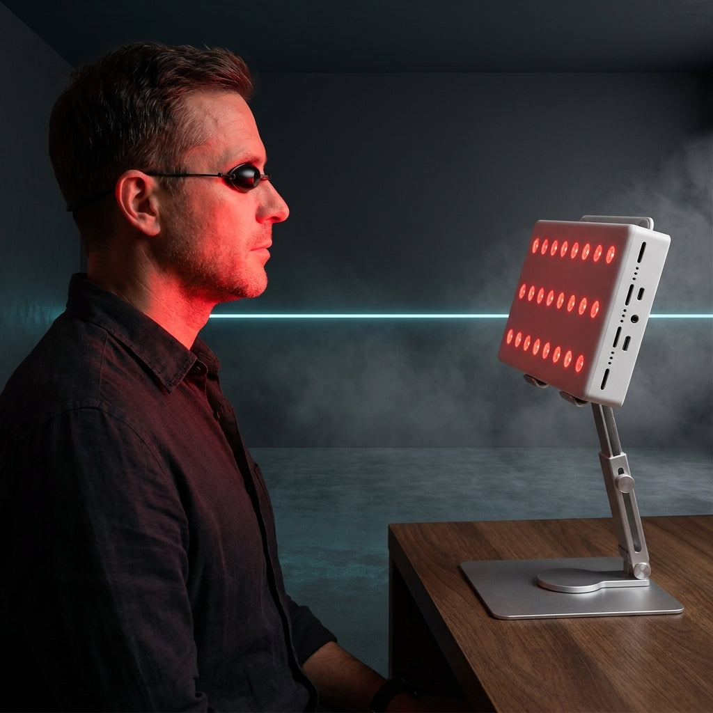 Séance de lumière rouge ciblée au bureau avec le panneau Thermasuite et les lunettes de protection