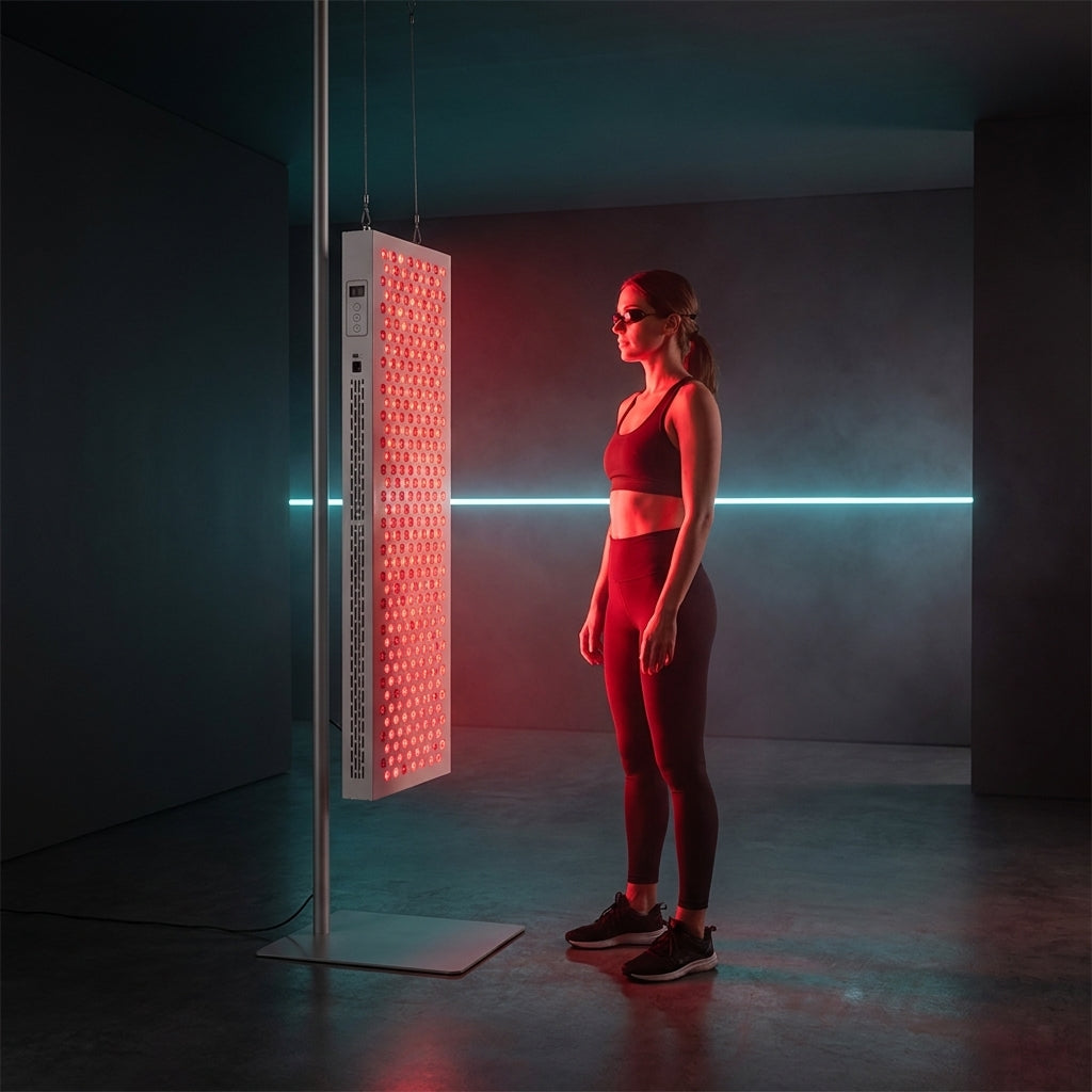 Séance de luminothérapie debout devant le panneau Thermasuite
