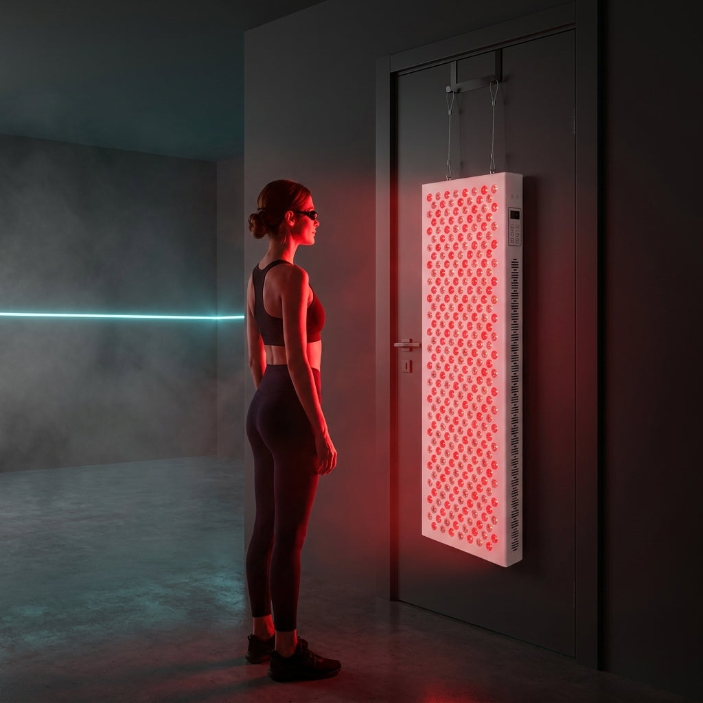 Séance de luminothérapie debout devant le panneau Thermasuite suspendu à une porte