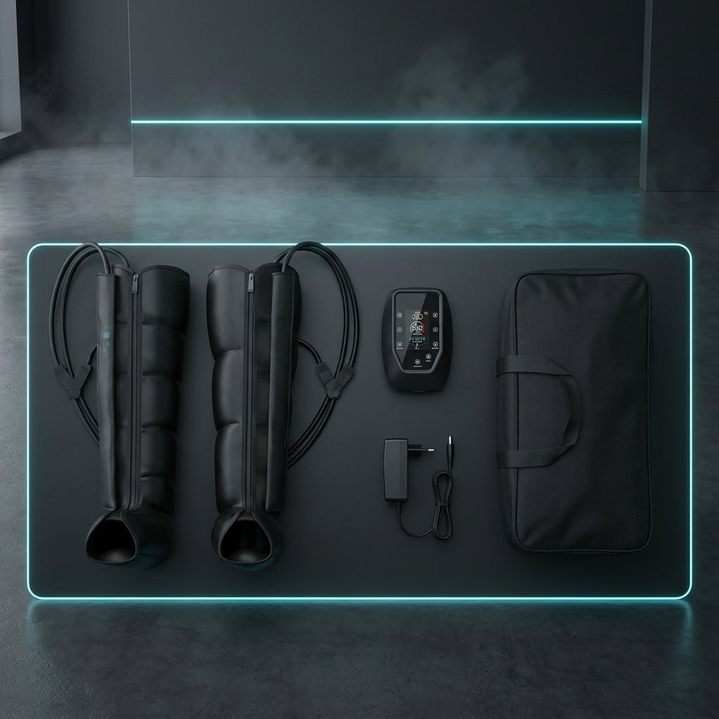 Contenu du carton : bottes, boîtier, tuyaux, chargeur EU, sac