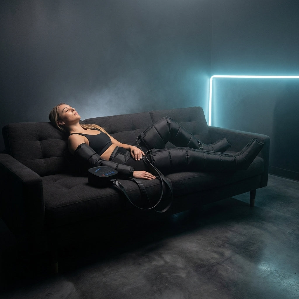Séance de pressothérapie jambes et bras sur le canapé avec le set Thermasuite