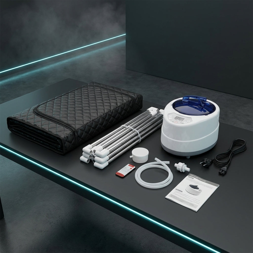 Tout le sauna vapeur Thermasuite : cabine pliée, armature inox, générateur, télécommande, tuyau, gobelet, câble EU