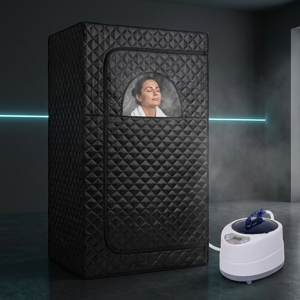Séance de sauna vapeur dans la cabine pliable Thermasuite, visage au hublot