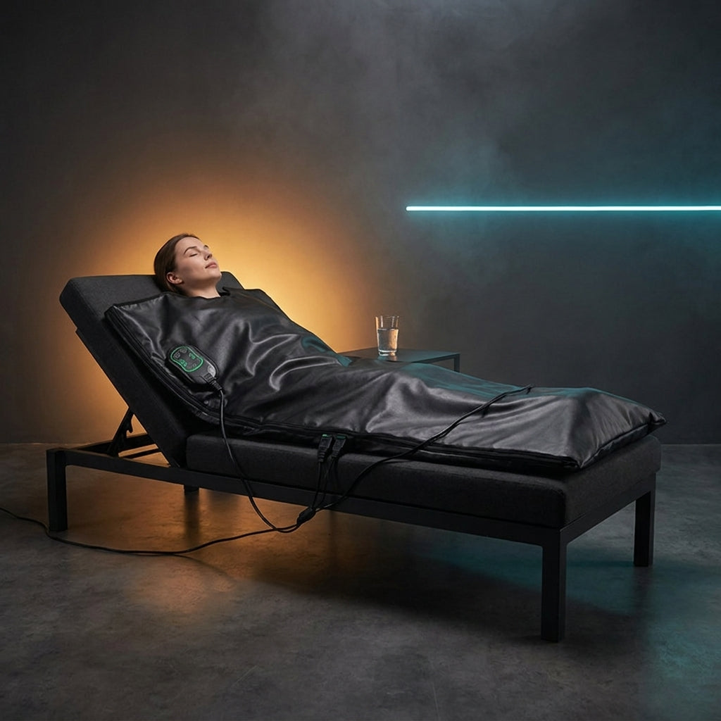 Séance de sauna infrarouge allongée dans la couverture premium Thermasuite