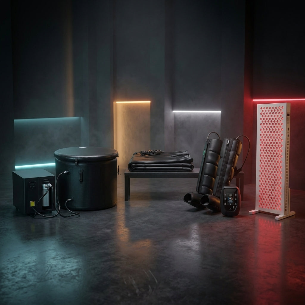 La Suite Complète Thermasuite : bain froid à refroidissement intégré, couverture sauna premium, bottes de pressothérapie 6 chambres et panneau de luminothérapie
