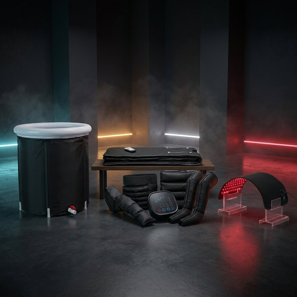 La Suite Essentielle Thermasuite : bassin de bain froid pliable, couverture sauna Oxford, set de pressothérapie corps entier et tapis LED