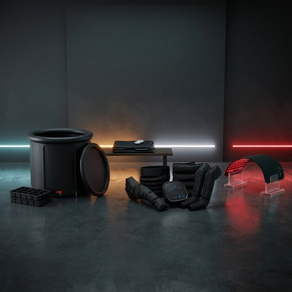 La Suite Essentielle Thermasuite : bassin de bain froid pliable avec couvercle, couverture sauna Oxford, set de pressothérapie corps entier, tapis LED