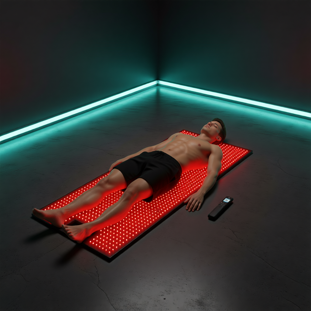 Séance corps entier sur le tapis lumière rouge Thermasuite, LED 660 et 850 nm allumées